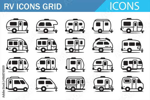 RV and camper vehicle outline icon set for mobile app and web UI