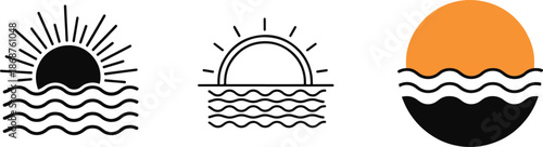 Stylized sunrise or sunset over water illustration set