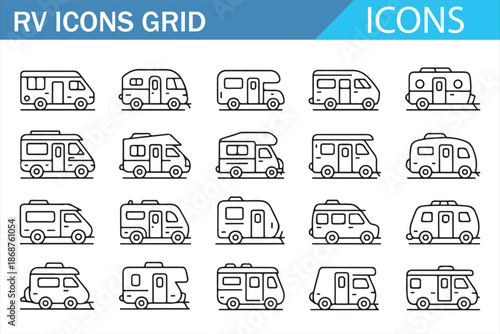 Motorhome and caravan line icons grid for tourism and road trip projects