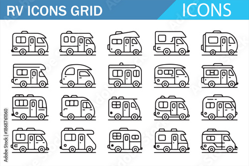 Camper van and RV outline icons collection for travel and camping design