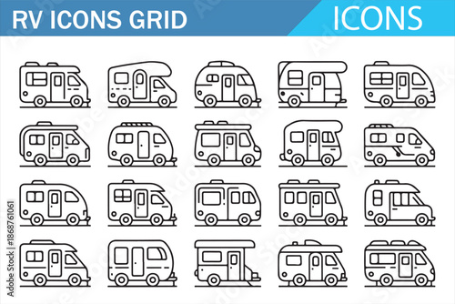 RV camper icons set in outline style, motorhome and caravan travel symbols grid