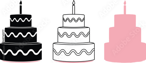 Three tier birthday cake with candle in solid line and pink