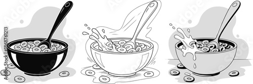 Bowl of cereal with splashes symbolizing breakfast and morning meal