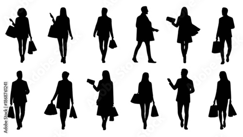 Silhouettes of people enjoying a day of shopping, carrying bags and walking in various poses