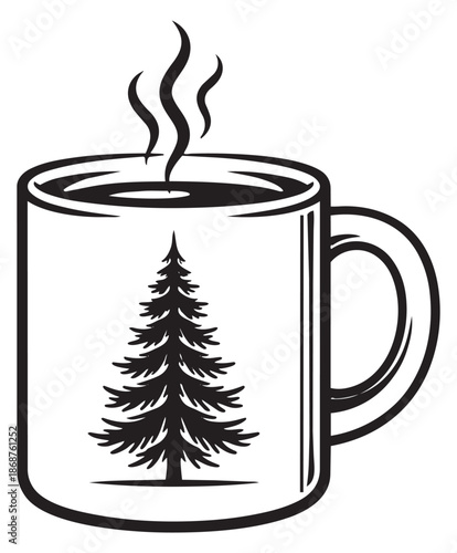 Hand drawn line art illustration of a coffee mug depicting a pine tree design and rising steam for winter and outdoor beverages