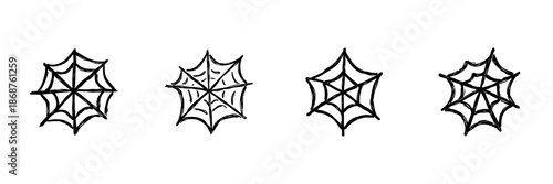 Spider Web Line Icon Set In Doodle Style. Halloween Decoration, Nature Symbol, And Web Design Element Outline Sketch Collection. Hand Drawn Isolated Vector Illustration