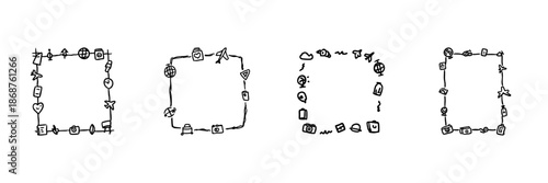 Travel And Adventure Icon Frames In Doodle Style. Vacation Planning, Exploration, And Journey Outline Sketch Collection. Hand Drawn Isolated Vector Illustration