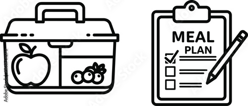 Healthy meal plan with lunch box apple berries and checked checklist