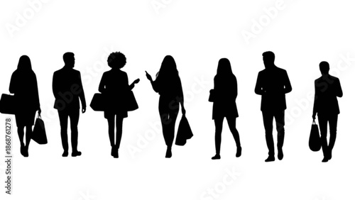 Diverse group of people walking as dark silhouettes with shopping bags on a clean white background