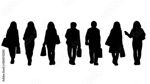 Group of diverse people silhouettes walking and carrying bags on a clean white background.