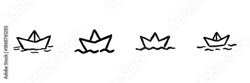Paper Boat On Water Line Icon Set In Doodle Style. Childhood Creativity, Imagination, And Playful Exploration Outline Sketch Collection. Hand Drawn Isolated Vector Illustration