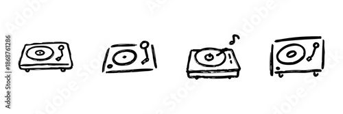 Turntable Line Icon Set In Doodle Style. Vinyl Record Player, Music Playback, And Dj Equipment Outline Sketch Collection. Retro Audio Technology. Hand Drawn Isolated Vector Illustration