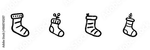 Christmas Stockings Line Icon Set In Doodle Style. Holiday Decoration, Festive Season, And Gift Giving Outline Sketch Collection. Hand Drawn Isolated Vector Illustration
