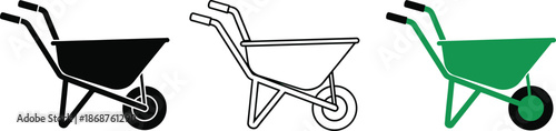 Wheelbarrow vector icons in solid line and green color garden styles