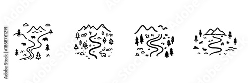 Mountain Landscape With Wildlife Line Icon Set In Doodle Style. Nature Exploration, Hiking Trails, And Wilderness Adventure Outline Sketch Collection. Hand Drawn Isolated Vector Illustration