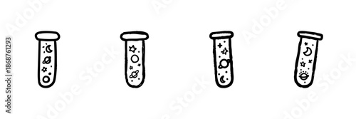 Test Tubes With Space Elements Line Icon Set In Doodle Style. Cosmic Chemistry And Astronomy Exploration Outline Sketch. Science And Imagination Fusion. Hand Drawn Isolated Vector Illustration