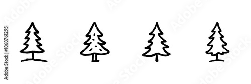 Four Pine Trees Line Icon Set In Doodle Style. Nature, Forest, And Evergreen Tree Outline Sketch Collection. Hand Drawn Isolated Vector Illustration