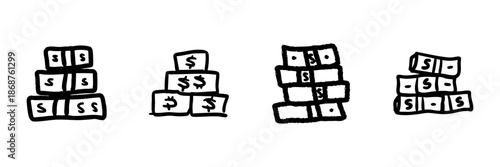 Stacks Of Money Line Icon Set In Doodle Style. Financial Wealth, Savings, And Investment Outline Sketch Collection. Economic Growth And Prosperity Symbols. Hand Drawn Isolated Vector Illustration