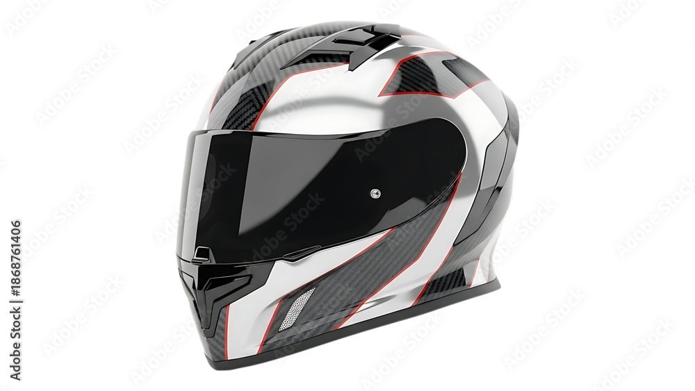 Naklejka premium High quality white and black motorcycle helmet with red accents and carbon fiber design for safety and style on transparent background