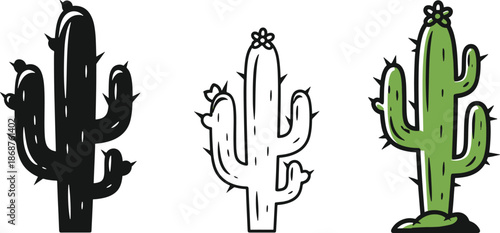 Cactus plant with flower icons in silhouette and color art styles