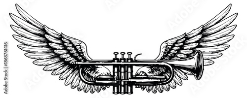 Hand drawn line art illustration of a trumpet with wings depicting music and freedom for a vintage design