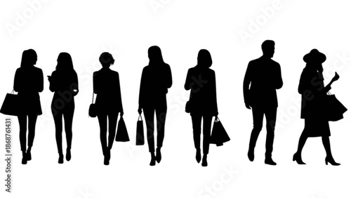 Silhouettes of diverse shoppers walking and carrying bags on a white background