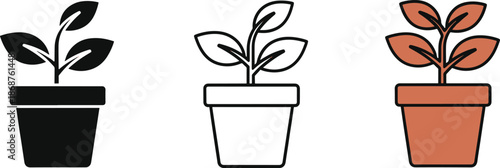 Potted plant sprout growth icon set three styles nature