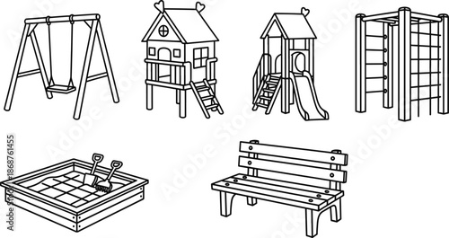 Playground equipment line art icons set for children outdoor space