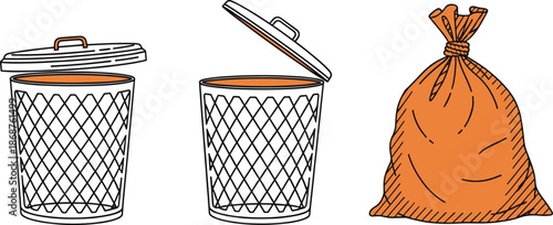 Trash can and waste bag icons set three styles for disposal