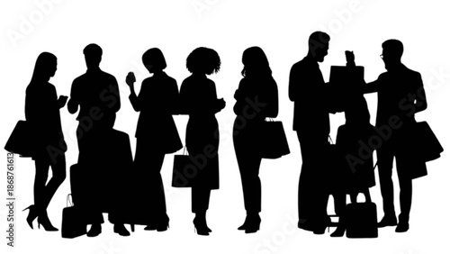 A diverse group of shoppers and individuals in silhouette engaging in various activities