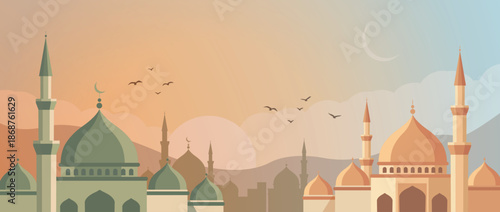 Sunset Village Scene with Mosques – 2D Vector Illustration