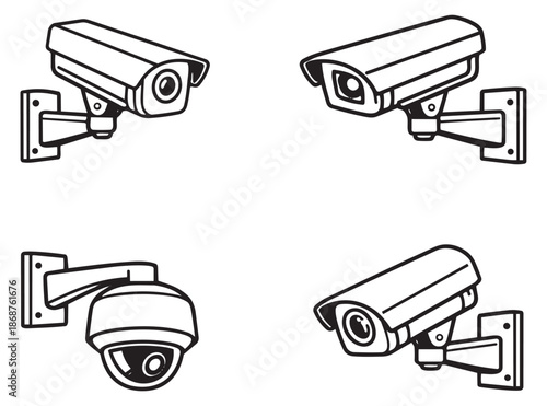 Line art security camera set featuring bullet and dome designs for monitoring and protection
