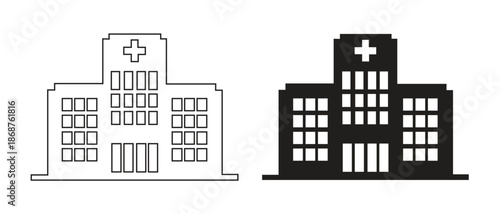 Hospital Icons: A concise set of hospital building icons, rendered in outline and solid styles. Ideal for medical-themed designs. 