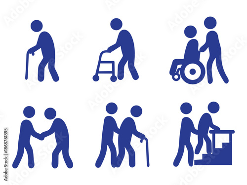 Caregiving Support Icon Set: Illustrative icons depicting compassionate individuals providing aid and assistance to elderly persons, highlighting care and support. 