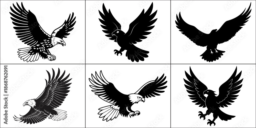 Fototapeta premium A collection of six images depicting eagles in flight with varying styles
