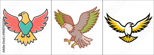 A colorful illustration depicting three different birds in flight poses