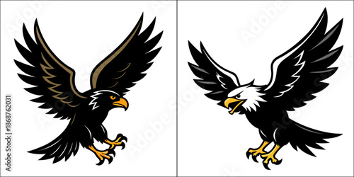Two stylized bald eagle illustrations with outstretched wings in dynamic poses