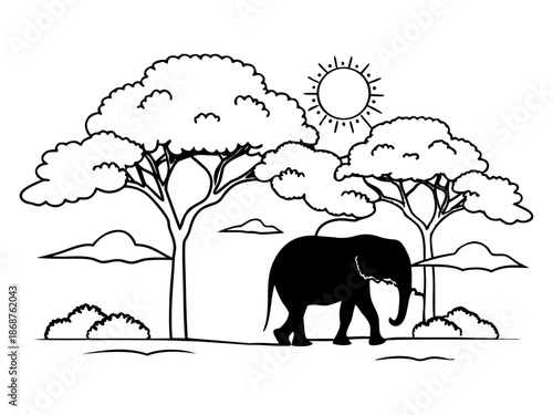 African savanna scene featuring an elephant beneath acacia trees and sun