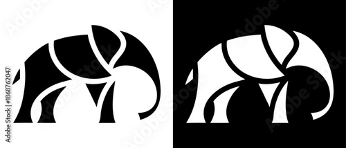Black and white graphic illustration of an elephant s head mirroring design