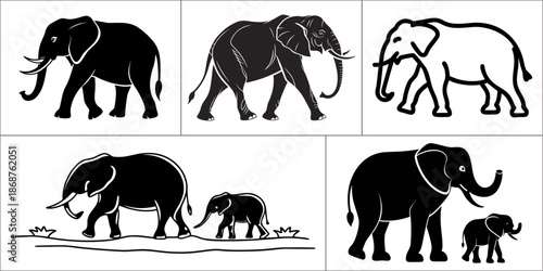 Illustrations of elephants in varying styles and poses showing adult and young