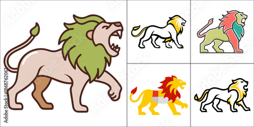 Four colorful cartoon lions in various poses and stylistic designs