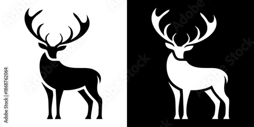 A striking contrast black and white silhouettes of majestic deer with antlers