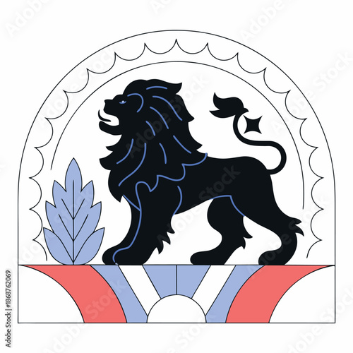 Stylized depiction of a black lion with laurel leaves and a decorative frame