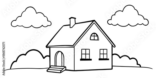 Simple line drawing of a quaint house with a pitched roof and clouds