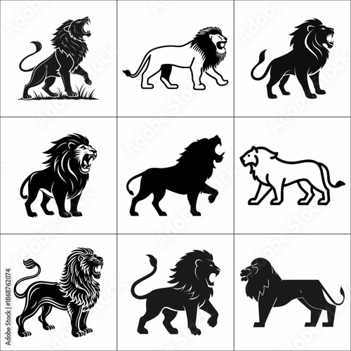 Nine black and white illustrations depicting majestic lions in various poses