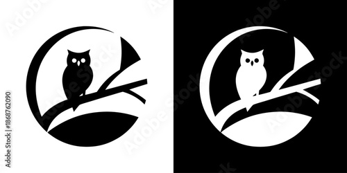 A black and white graphic depiction of an owl perched on a branch