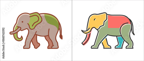 Colorful illustrations of two elephants with distinct patchwork designs
