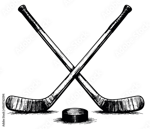 Sketch illustration of crossed hockey sticks and a puck depicting a classic ice hockey scene for sports design