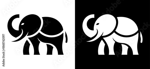 A striking black and white illustration depicting two elephant silhouettes facing each other