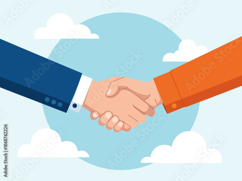 Two business people shaking hands in front of blue sky with clouds